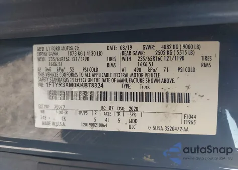 2019 Ford Transit-250 из США, поврежденный, VIN 1FTYR3XM0KKB78324